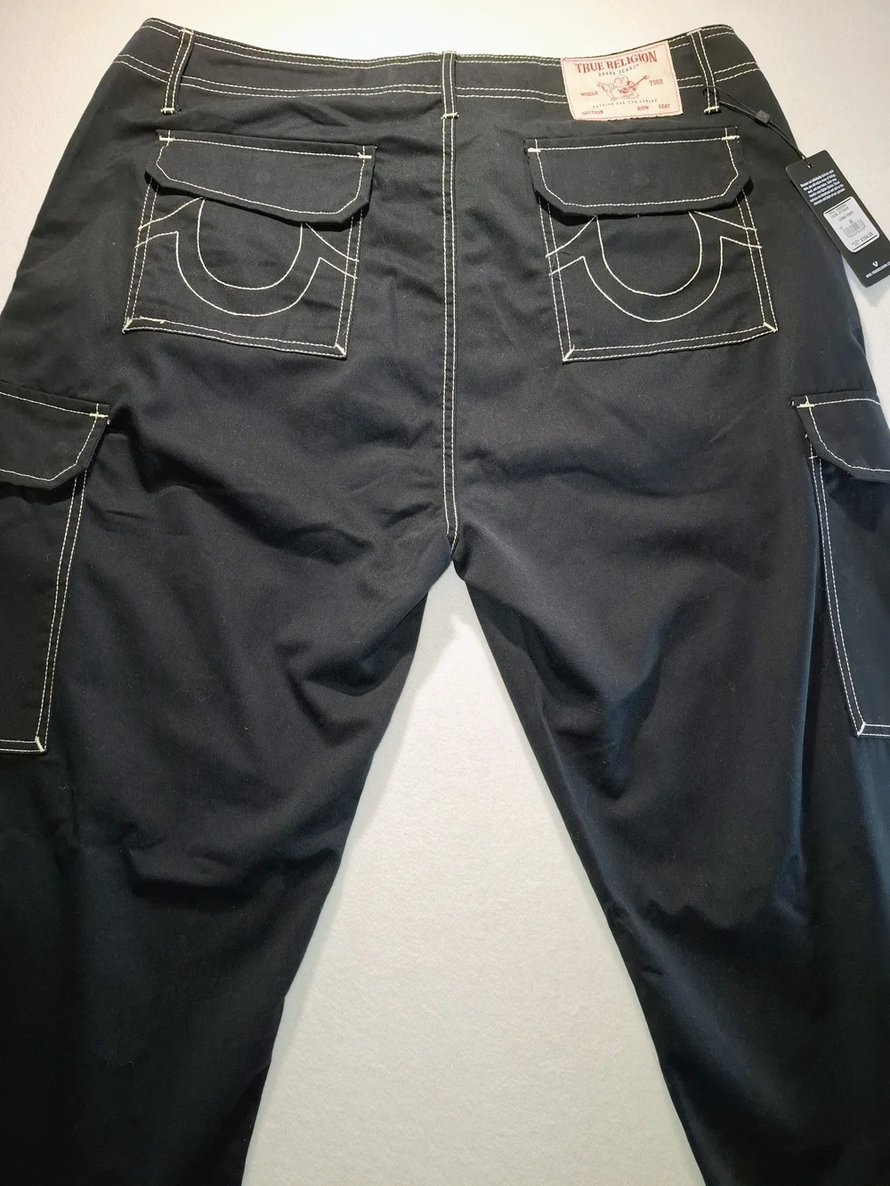 True Religion Black Cargo Pants with White Contrast Stitching